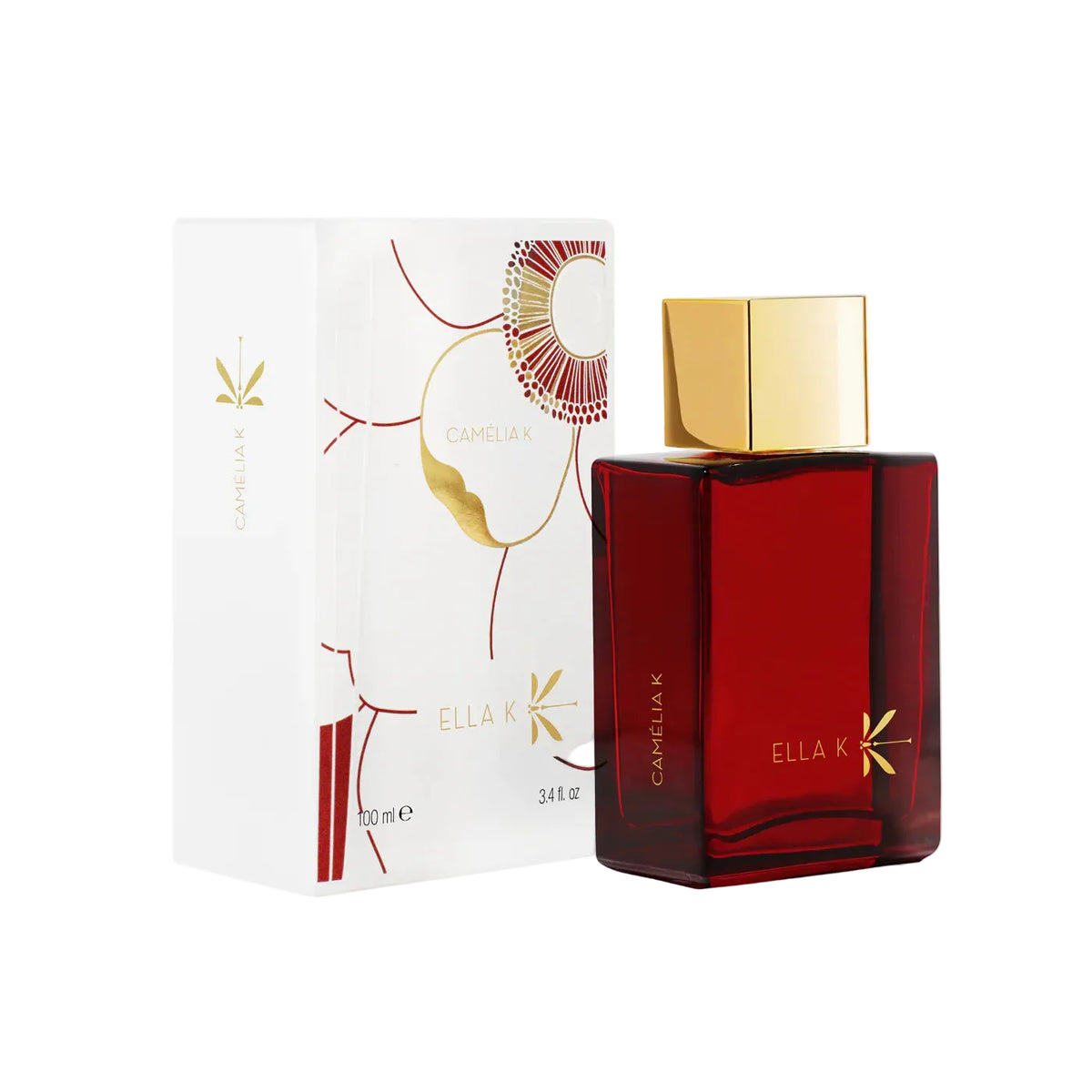 Ella K Camélia K Eau de Parfum spray bottle, 3.4 oz, elegant floral fragrance in a sleek glass bottle.