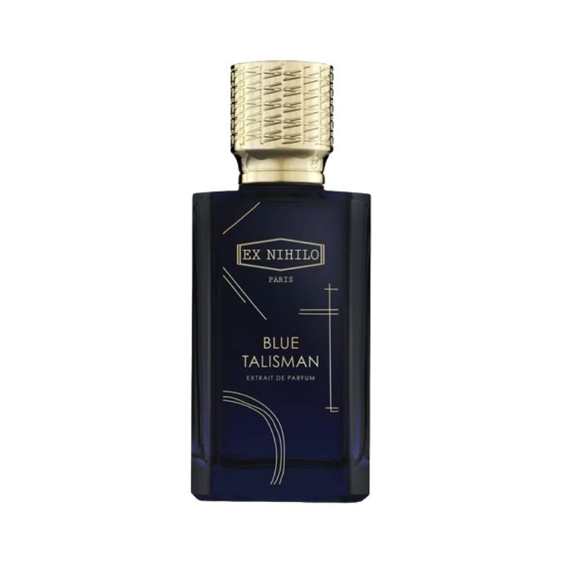 Ex Nihilo Blue Talisman extrait de parfum bottle with elegant blue design and silver cap, showcasing luxury fragrance.