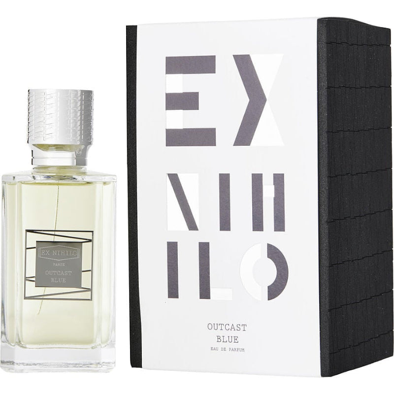 Ex Nihilo Outcast Blue Eau de Parfum spray, 3.4 oz, featuring a sleek bottle with blue accents and elegant design.