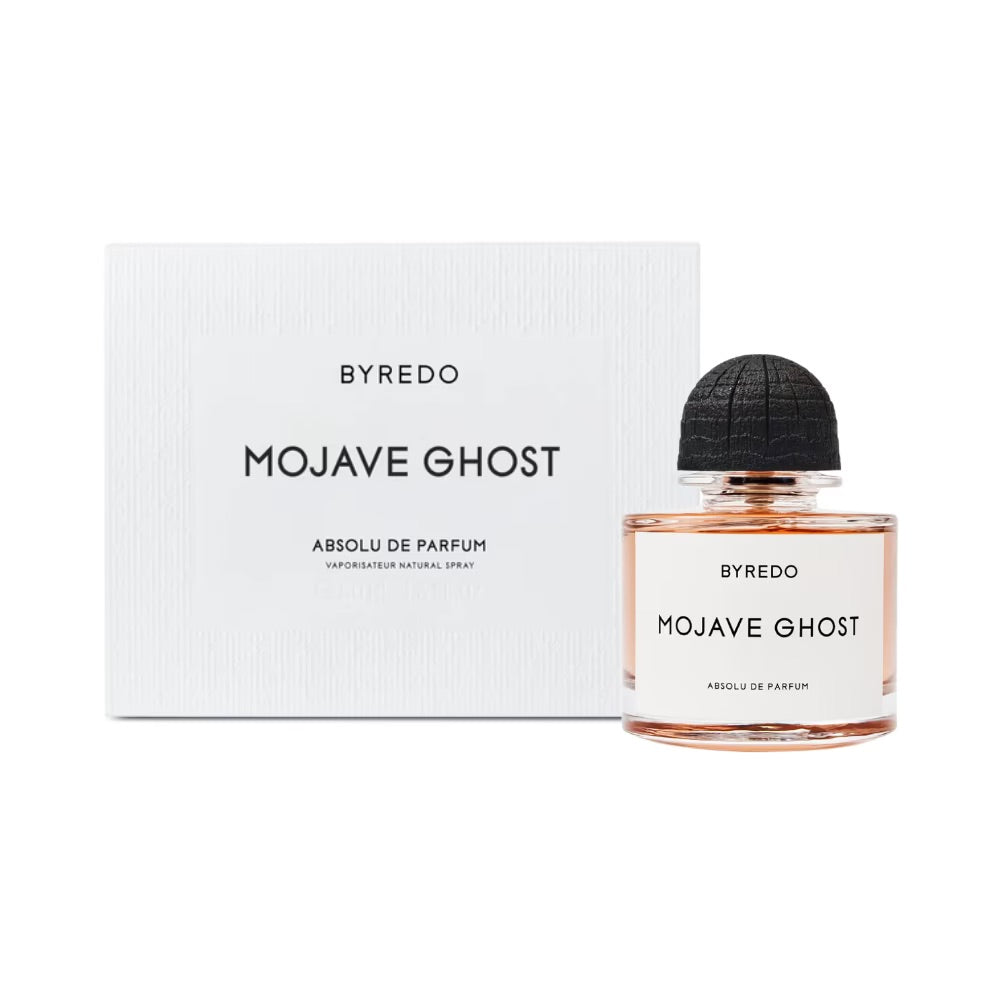 Byredo Mojave Ghost Absolu de Parfum bottle with minimalist design, showcasing the elegant perfume container and branding.
