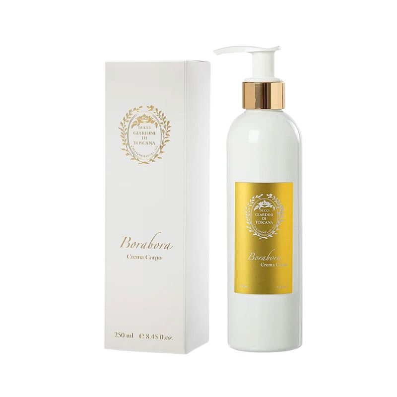 Giardini Di Toscana BoraBora Body Lotion in a 250ml bottle, creamy body cream with tropical scent, placed on a wooden surface.