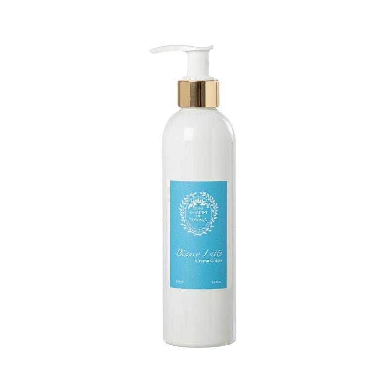 Giardini di Toscana Bianco Latte Body Cream in 8.4 oz bottle, moisturizing cream with a smooth texture and elegant packaging.