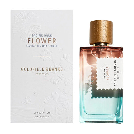 Goldfield & Banks Pacific Rock Flower Eau de Parfum spray in 3.4 oz bottle, featuring elegant floral design and gold accents.