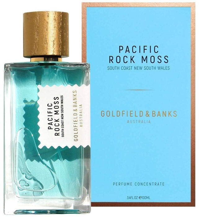 Goldfield & Banks Pacific Rock Moss Eau De Parfum spray bottle, 3.4 oz, with elegant gold and green packaging.