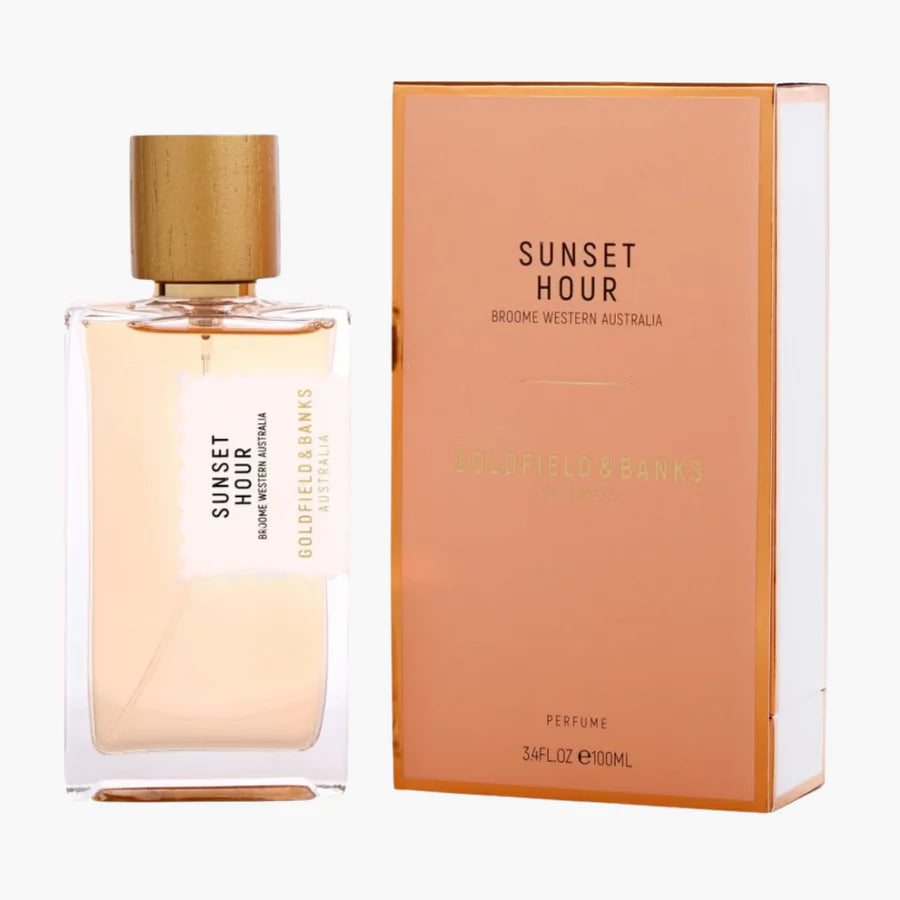 Goldfield & Banks Sunset Hour Eau De Parfum spray in 3.4 oz (100ml), featuring a luxurious gold bottle with sunset-inspired design.