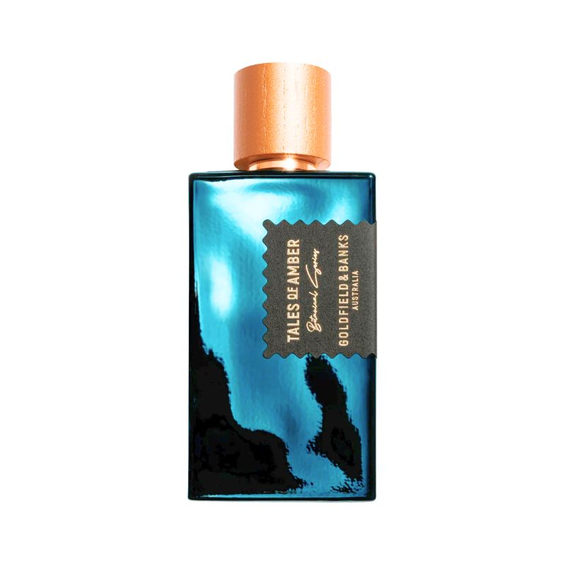 Goldfield & Banks Tales of Amber extrait de parfum spray in a 3.4 oz bottle, showcasing the elegant gold and amber packaging.