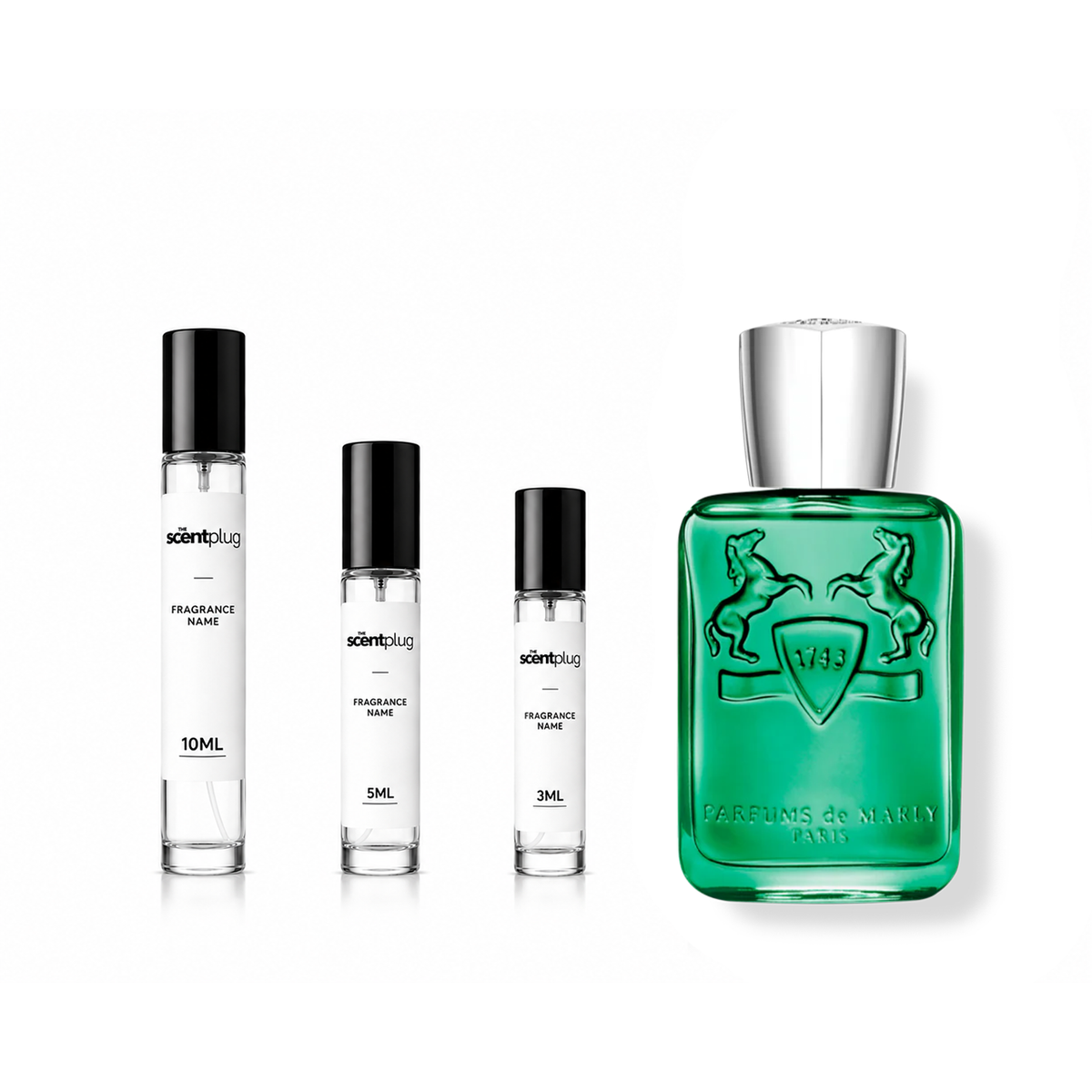 Sample of Parfums De Marly Greenley decant showing the fragrance liquid in a clear vial with a black cap.