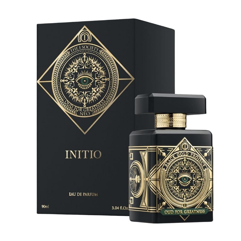 Initio Parfums Privés Oud for Greatness Neo Eau de Parfum spray bottle, 3.04 oz, with a sleek design and dark fragrance accents.