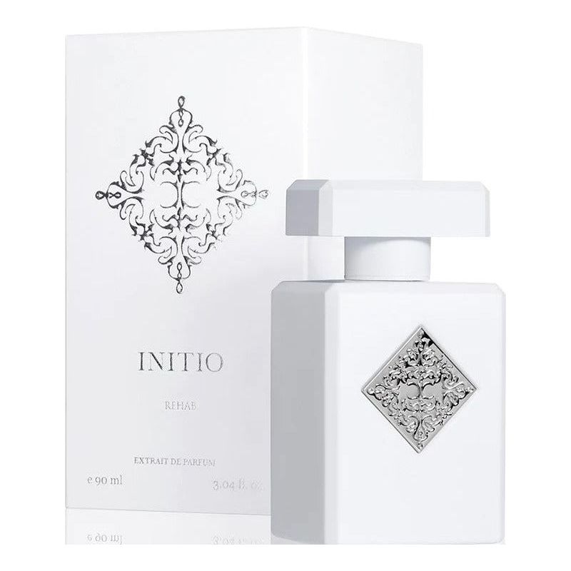 Initio Parfums Privés Rehab Extrait de Parfum spray bottle, 3.04 oz, elegant glass container with black cap and minimalist label
