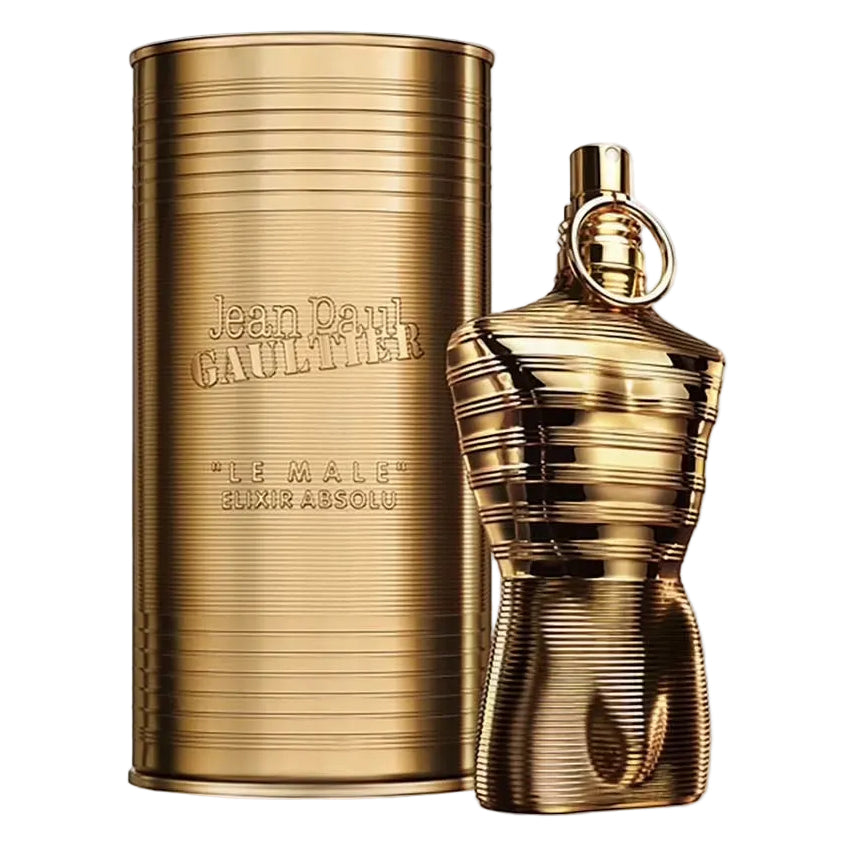 Jean Paul Gaultier Le Male Elixir Absolu Parfum Intense spray bottle, showcasing the designer fragrance with sleek packaging.