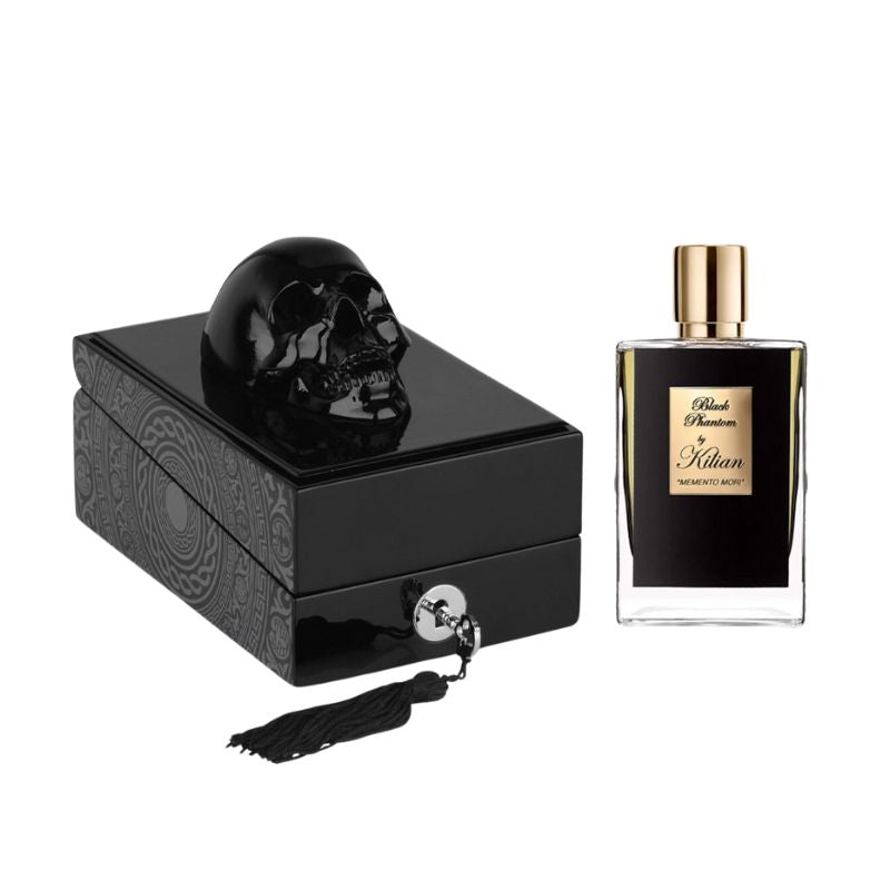 Kilian Black Phantom Memento Mori Eau de Parfum spray in 1.7 oz with coffret box, featuring dark, aromatic fragrance and elegant packaging.