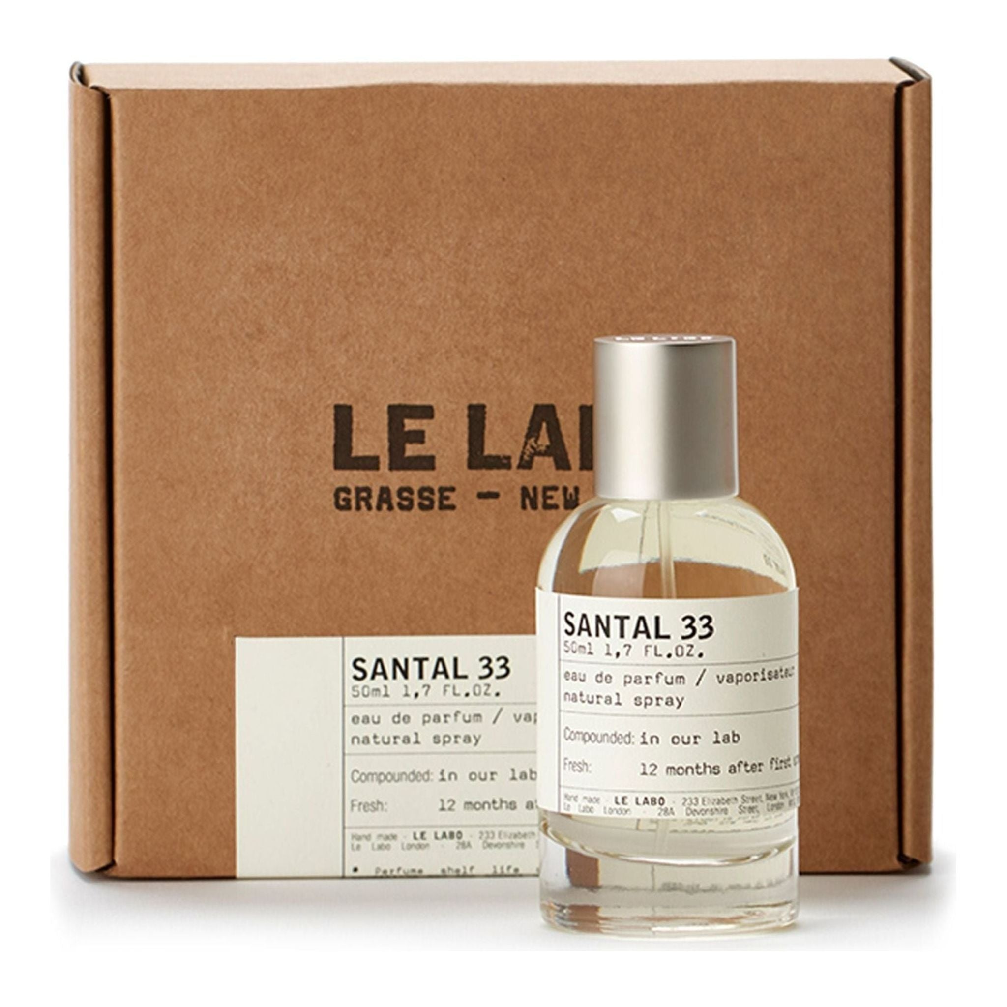 Le Labo Santal 33 Eau De Parfum spray in 3.4 oz bottle with clear label, fragrance tester, natural woody scent.