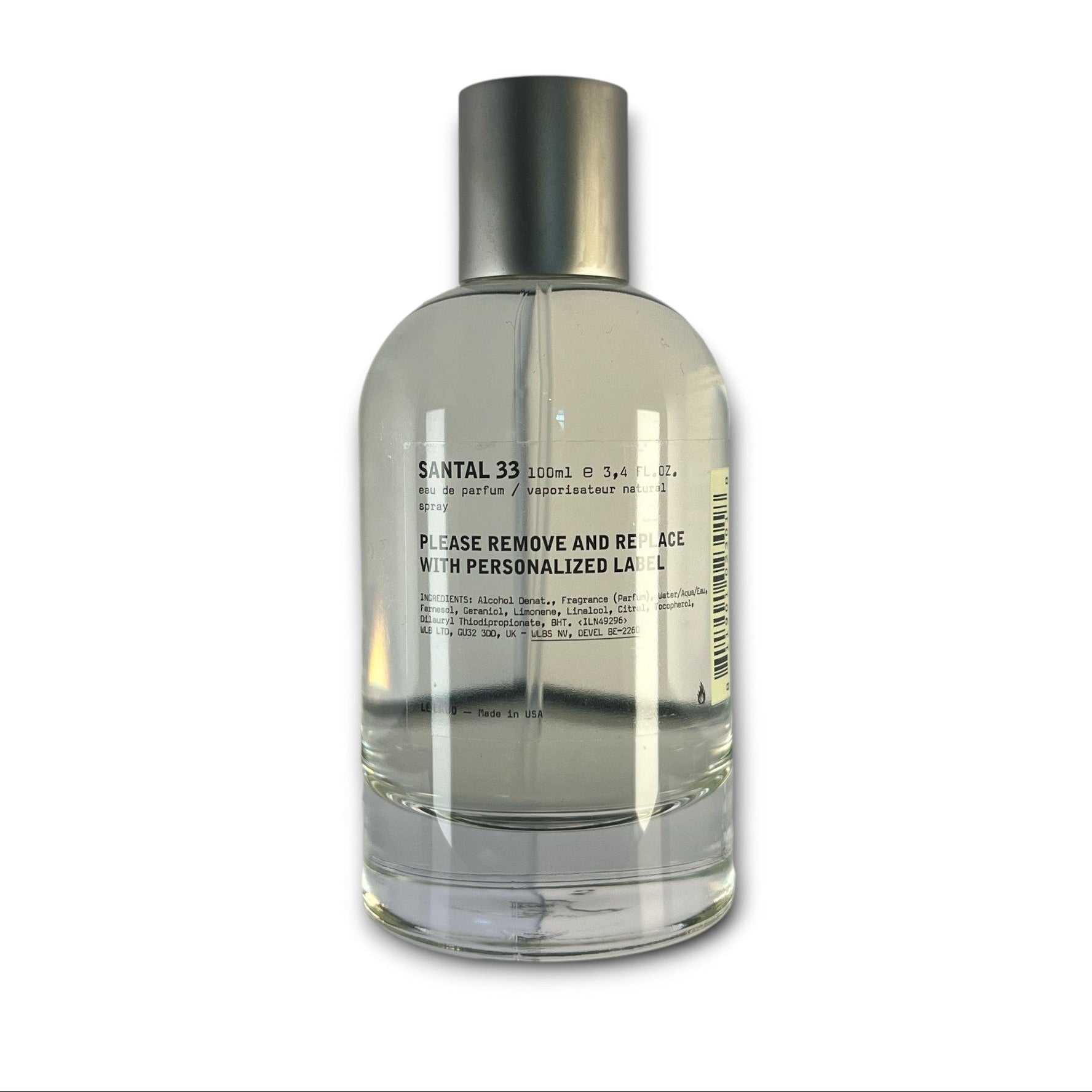 Le Labo Santal 33 Eau De Parfum spray tester in 3.4 oz clear bottle, showcasing the Le Labo branding and fragrance label.
