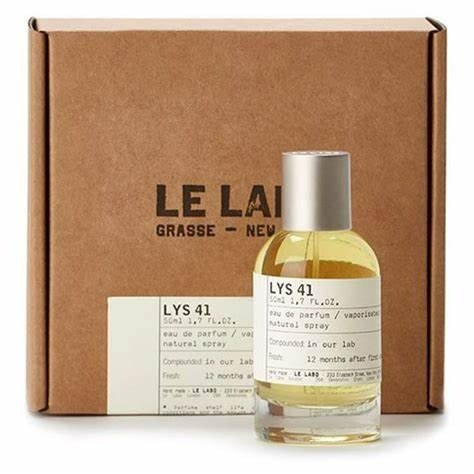 Le Labo Lys 41 Eau de Parfum spray in 3.4 oz bottle, featuring floral and musky notes, displayed in a clear glass bottle.