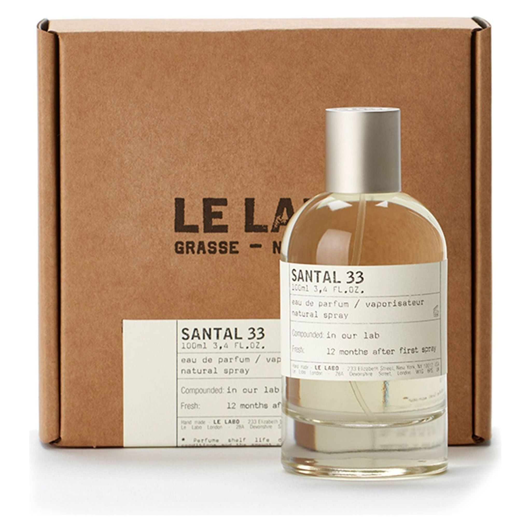 Le Labo Santal 33 Eau De Parfum spray in 3.4 oz/100ml bottle, showcasing the elegant packaging and design.