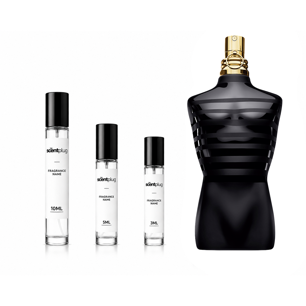 Jean Paul Gaultier Le Male Le Parfum Decant Eau De Parfum Intense sample bottle with sleek black and gold design.