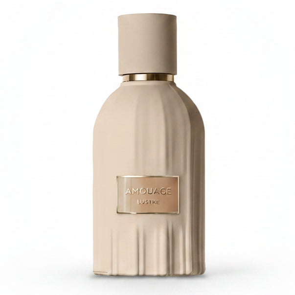 Amouage Lustre Eau de Parfum bottle with elegant gold accents and sleek design, showcasing luxury fragrance packaging.