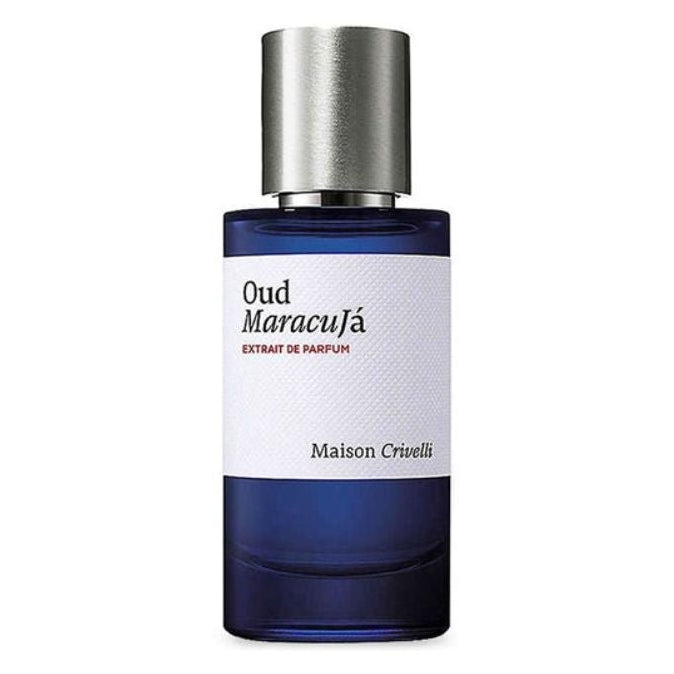 Maison Crivelli Oud Maracuja Extrait de Parfum spray in 50ml bottle, showcasing the elegant perfume bottle with branding details.