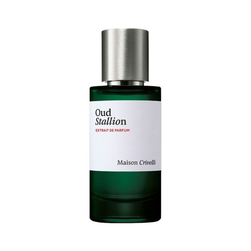 Maison Crivelli Oud Stallion Extrait de Parfum spray, 50ml, featuring luxurious oud fragrance in a sleek glass bottle.