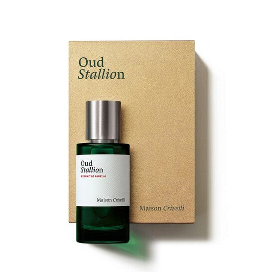 Maison Crivelli Oud Stallion Extrait de Parfum spray featuring a sleek bottle and luxurious fragrance design.