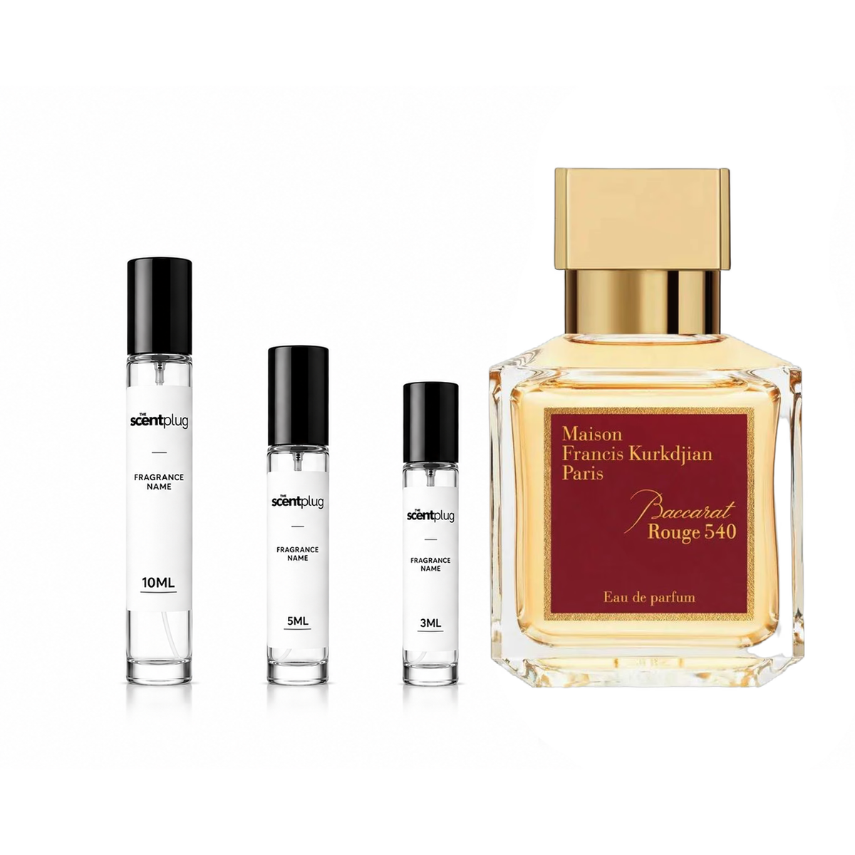 Maison Francis Kurkdjian Baccarat Rouge 540 decant and sample bottles from The Scent Plug, showcasing elegant perfume containers.
