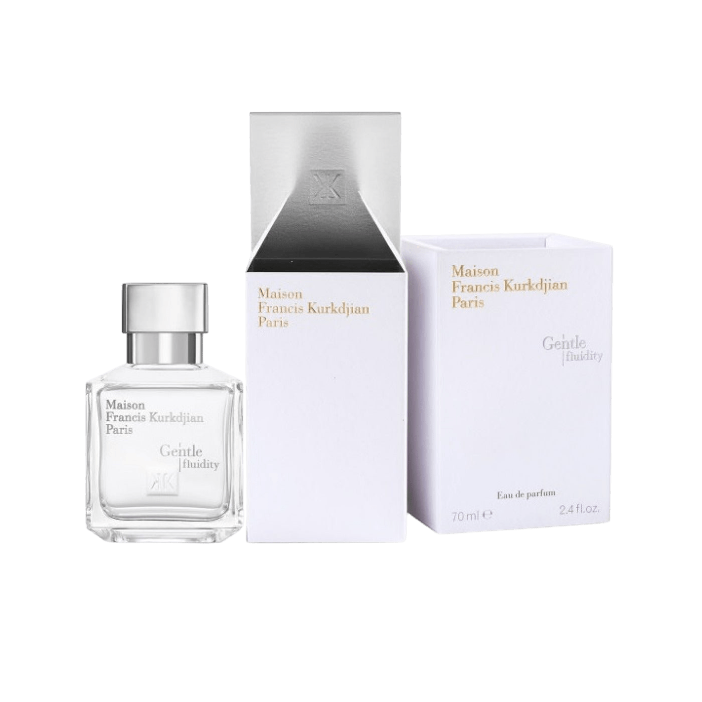 Maison Francis Kurkdjian Gentle Fluidity Silver Eau De Parfum spray bottle, 2.4 oz (70ml), elegant fragrance packaging.