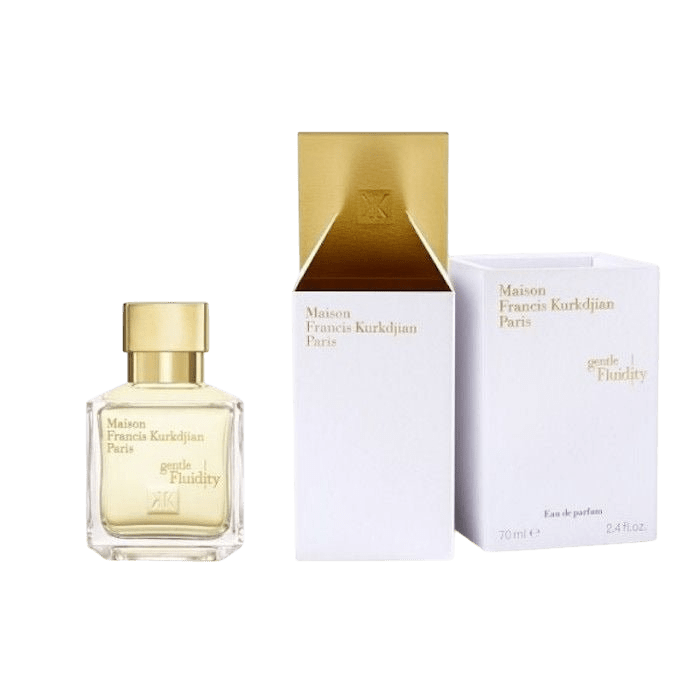 Maison Francis Kurkdjian Gentle Fluidity Gold Eau de Parfum spray bottle in 200ml, elegant glass design with gold accents.