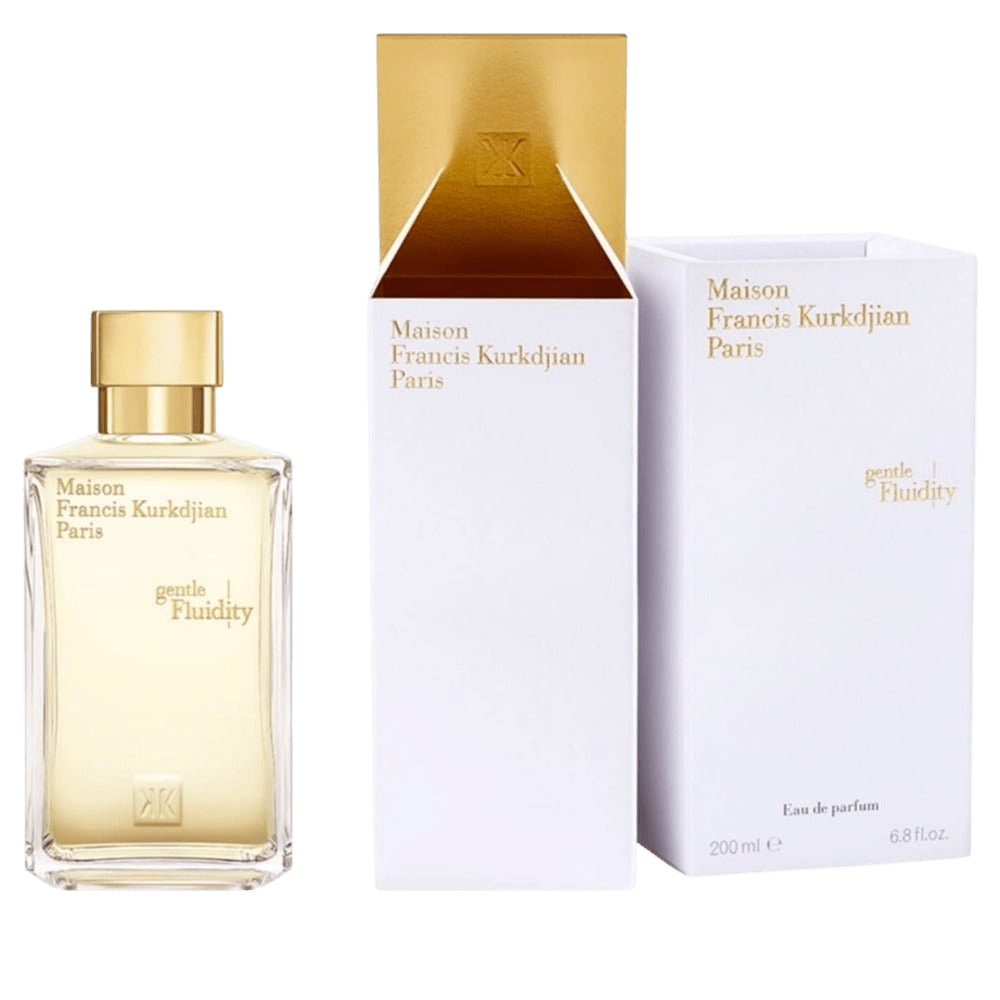 Maison Francis Kurkdjian Gentle Fluidity Gold Eau de Parfum spray in a sleek bottle, showcasing a luxurious fragrance.