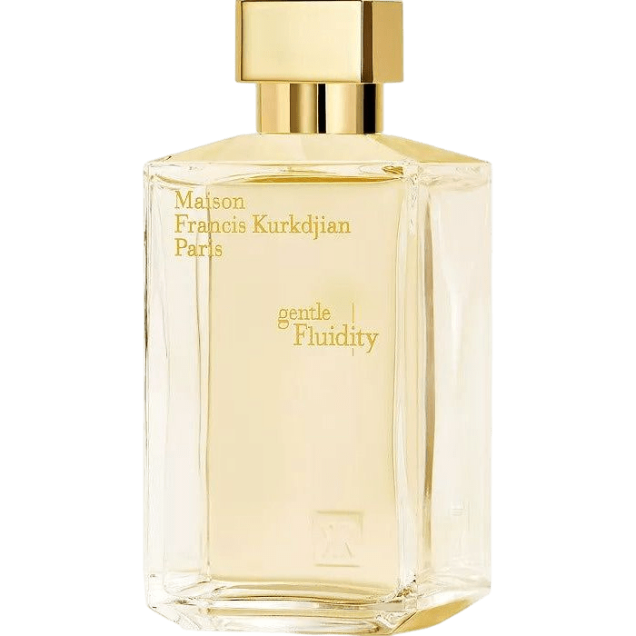 Maison Francis Kurkdjian Gentle Fluidity Gold Eau De Parfum bottle in a spray, with elegant gold accents and clear glass.