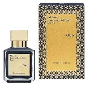 Maison Francis Kurkdjian Oud Extrait de Parfum spray bottle, 2.4 oz (70ml), elegant glass container with perfume mist sprayer.