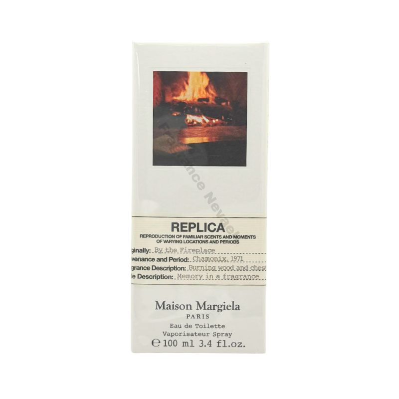 Maison Margiela By the Fireplace Eau de Toilette bottle with spray, 3.4 oz (100 ml), elegant design and branding visible.