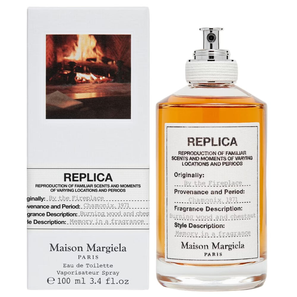 Maison Margiela Replica By The Fireplace Eau de Toilette spray bottle, 3.4 oz, with warm, smoky fragrance and minimalist design.