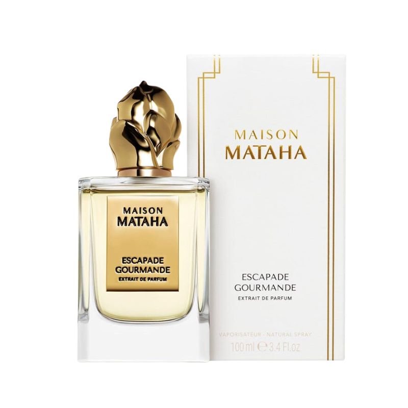 Maison Mataha Escapade Gourmande Extrait de Parfum spray bottle, 3.4 oz, showcasing elegant packaging and product label.