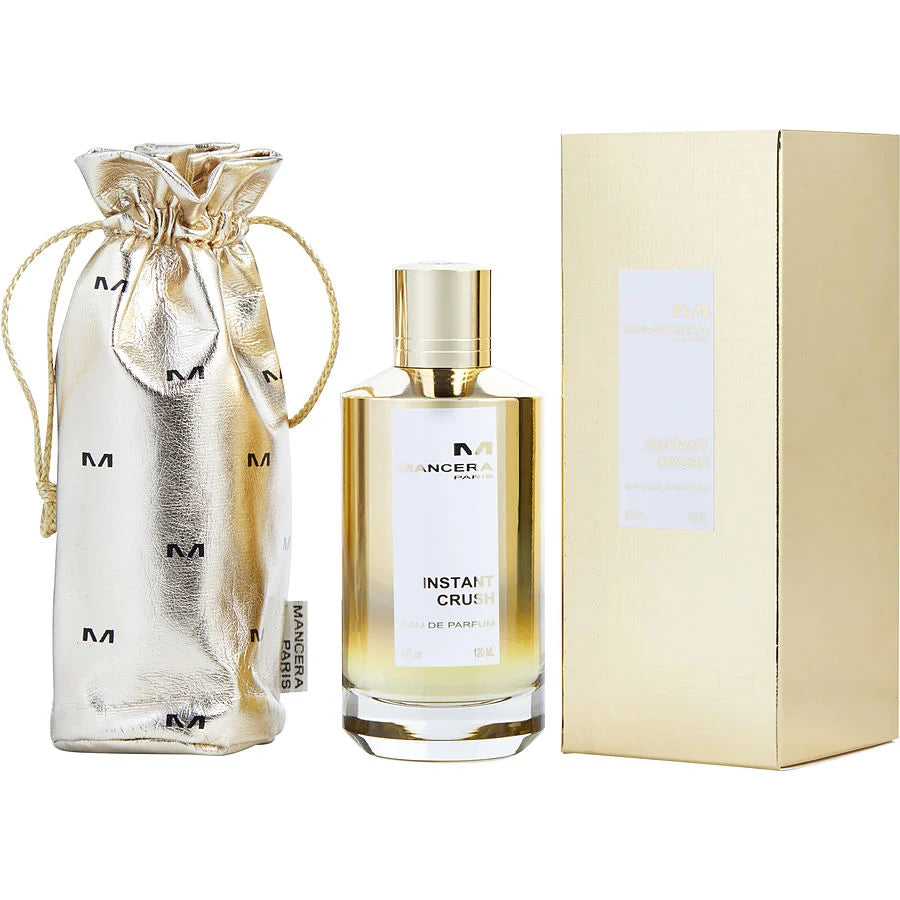 Mancera Instant Crush Eau de Parfum spray bottle, 4 oz (120 ml), with elegant glass design and black cap.