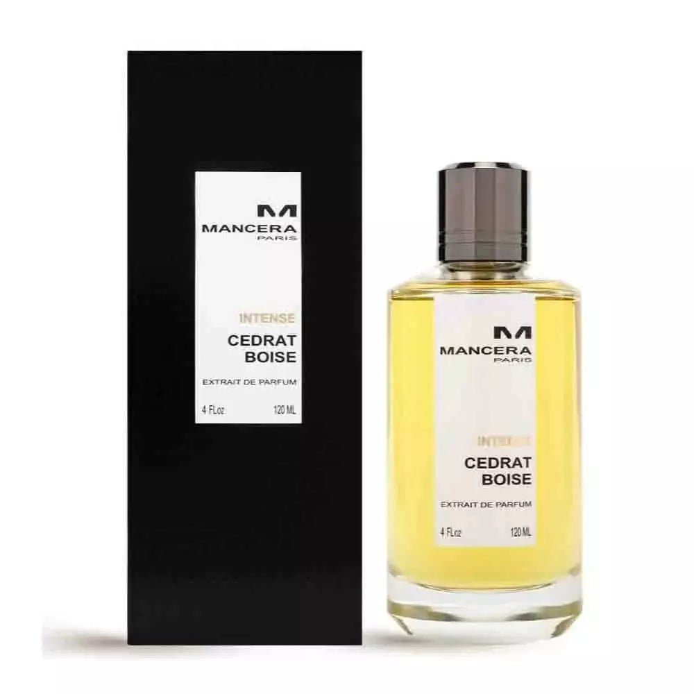 Mancera Intense Cedrat Boise Extrait de Parfum spray bottle, 4 oz (120ml), featuring a sleek design with a silver cap and elegant label.
