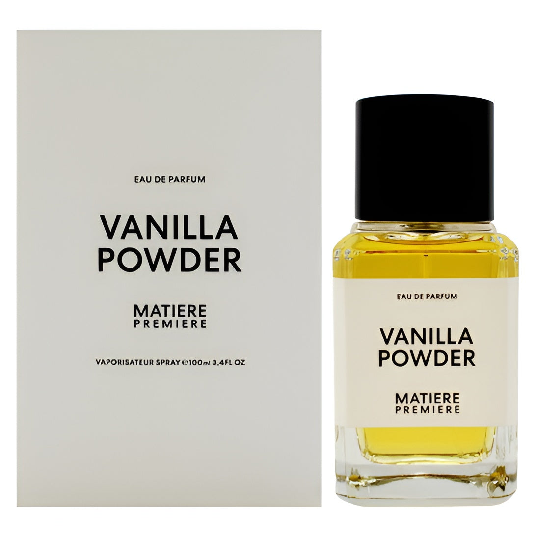 Matière Première Vanilla Powder Eau de Parfum tester spray bottle, 100ml, with elegant packaging and vanilla scent details.