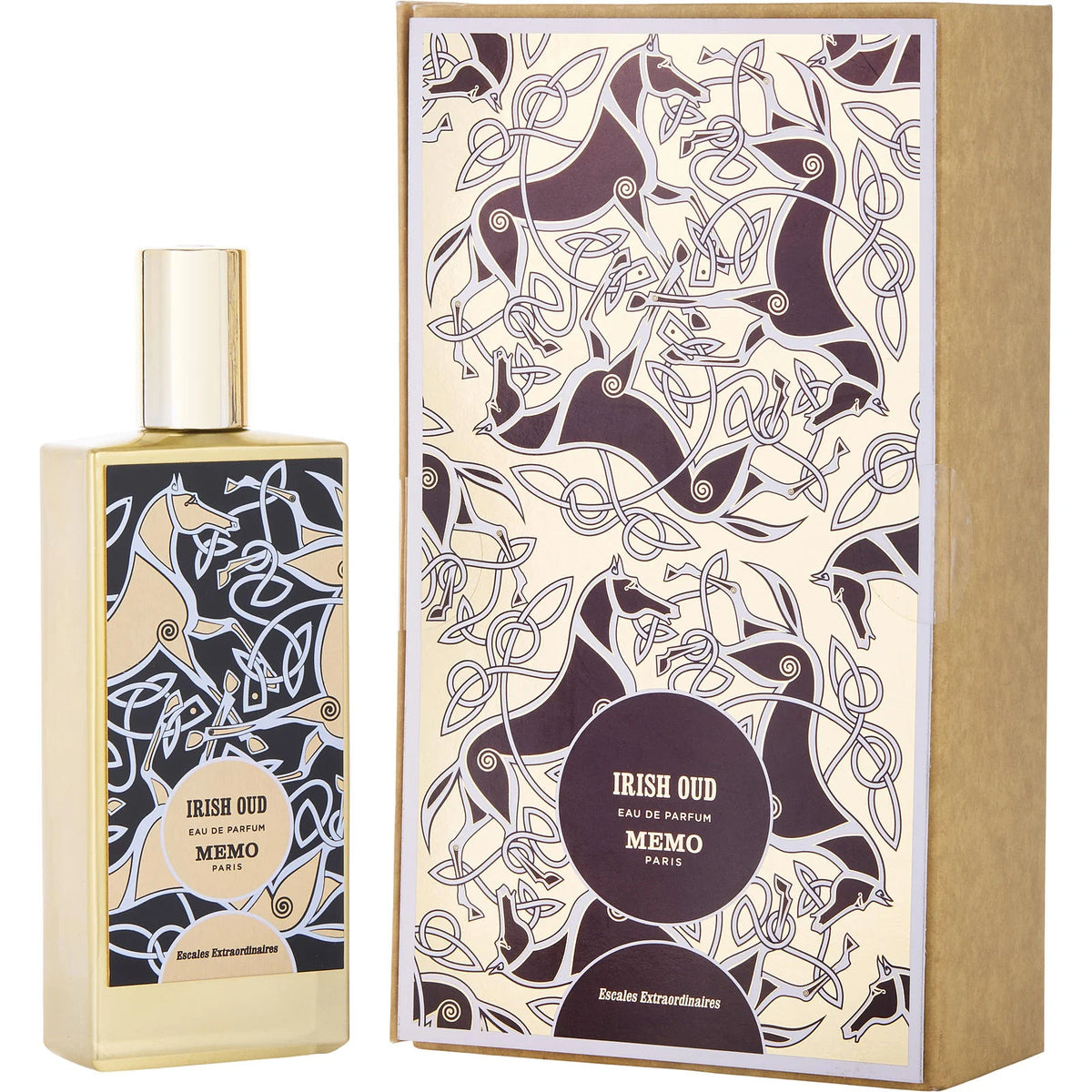 Memo Paris Irish Oud Eau de Parfum spray, 75ml bottle, showcasing the elegant packaging and dark fragrance liquid.