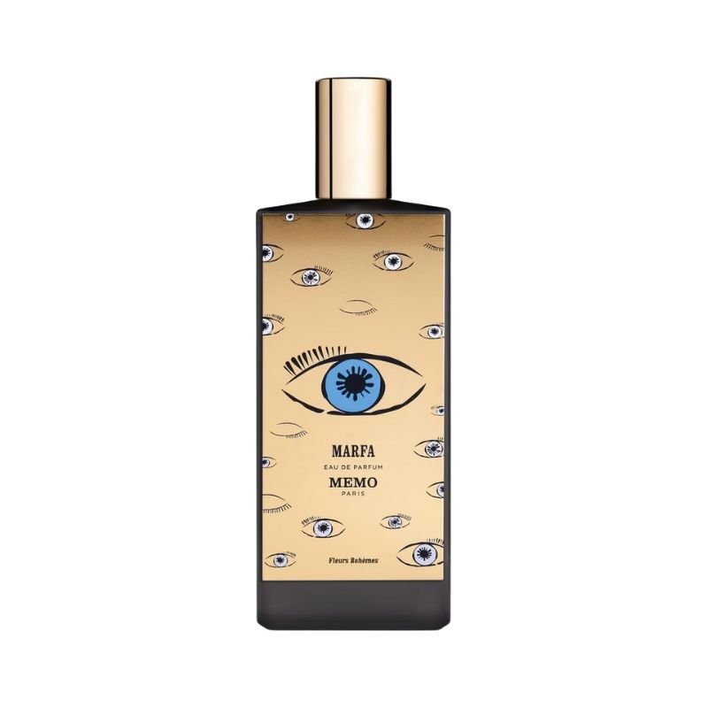 Memo Paris Marfa Eau de Parfum spray, 75ml bottle, elegant glass with gold accents, showcasing the luxurious fragrance design.