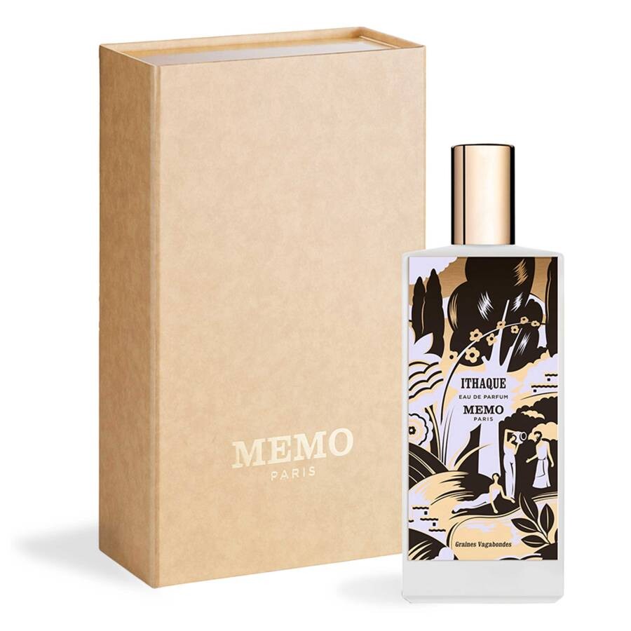Memo Paris Ithaque Eau de Parfum bottle with elegant design and floral accents on a neutral background.