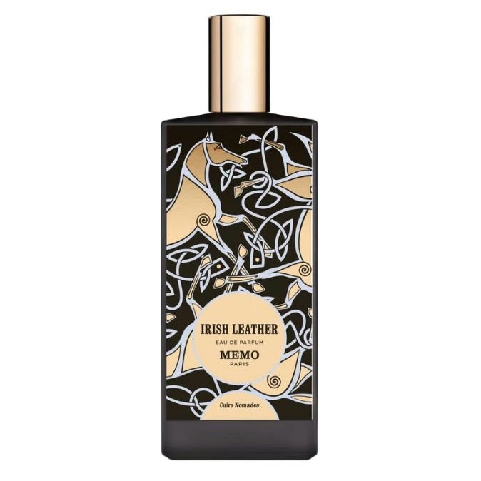 Memo Paris Irish Leather Eau de Parfum bottle with a sleek, dark design, showcasing the luxurious fragrance inside.