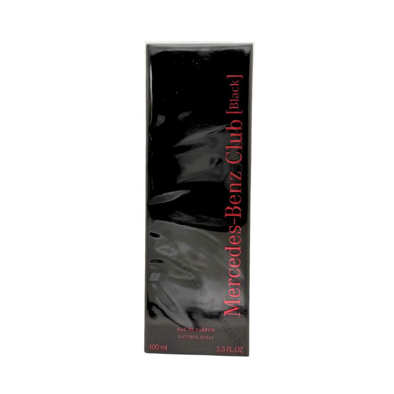 Mercedes-Benz Club Black Eau de Parfum spray bottle, 3.4 oz (100ml), featuring sleek packaging and black design.