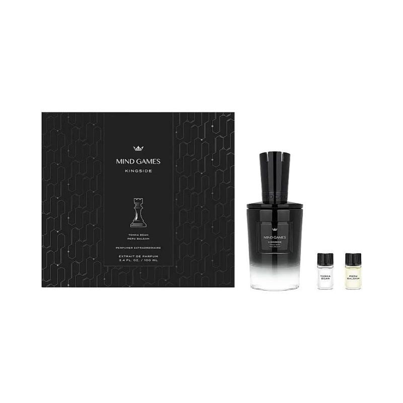 Mind Games Kingside Eau de Parfum spray bottle, 3.4 oz, with sleek design and elegant branding from Mind Games Fragrance.