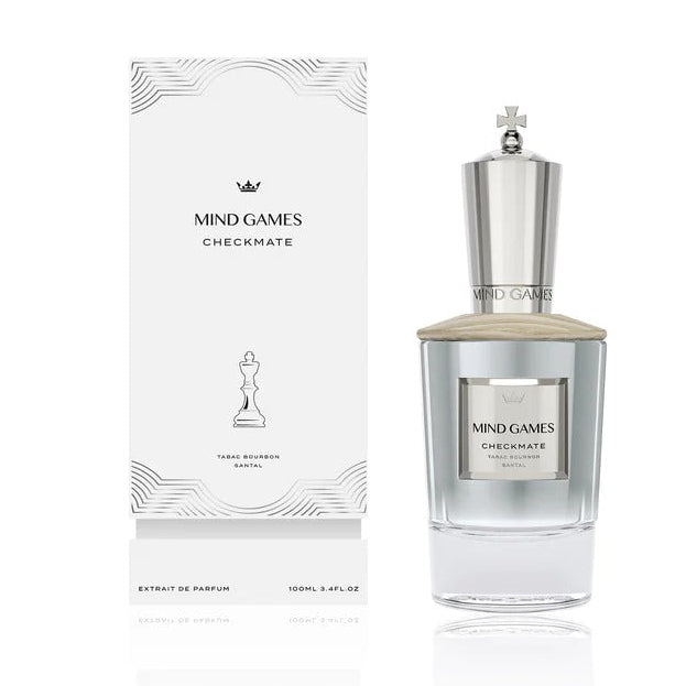 Mind Games Fragrance Checkmate Tester Extrait de Parfum spray in 3.4 oz (100ml) bottle, showcasing elegant packaging and fragrance cap