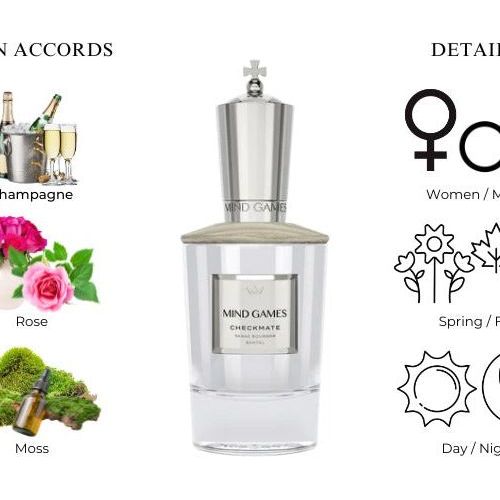 Checkmate Extrait de Parfum by Mind Games Fragrance in 3.4 oz spray bottle, featuring an elegant design and luxurious scent.