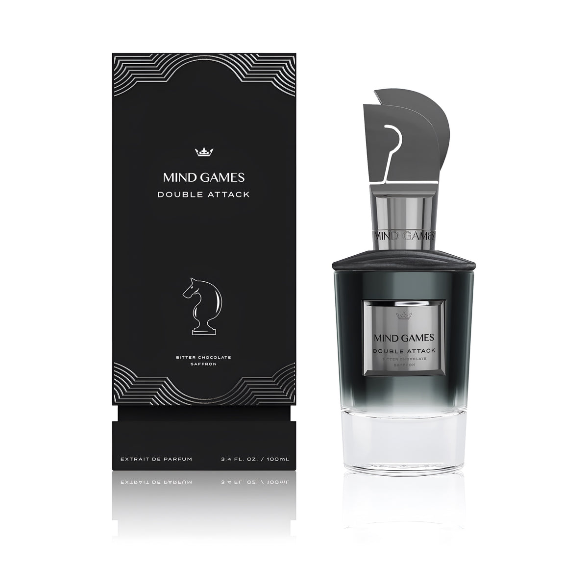 Mind Games Fragrance Double Attack extrait de parfum spray in 3.4 oz (100ml), elegant bottle with dark accents and modern design.