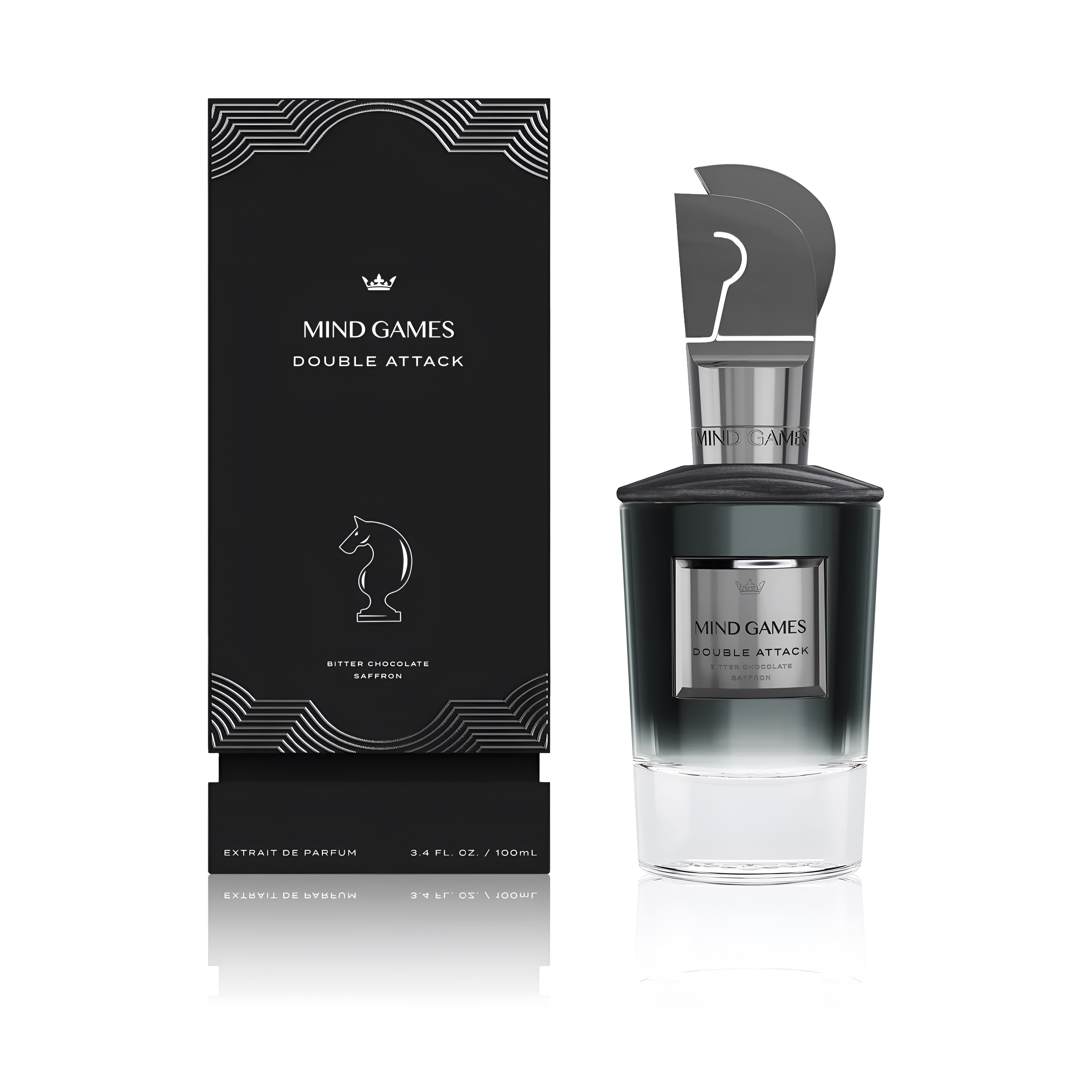 Mind Games Fragrance Double Attack extrait de parfum spray in 3.4 oz (100ml), elegant bottle with dark accents and modern design.
