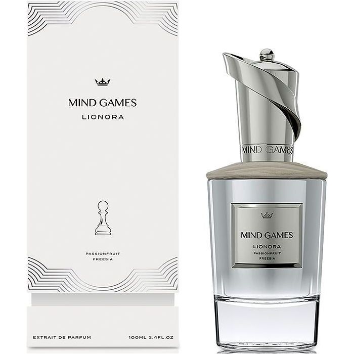 Mind Games Lionora Extrait de Parfum spray in 3.4 oz (100ml), featuring elegant packaging and luxurious fragrance design.