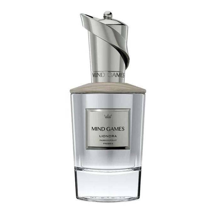 Mind Games Lionora Extrait de Parfum spray in 3.4 oz (100ml) bottle, elegant fragrance with floral and woody notes.