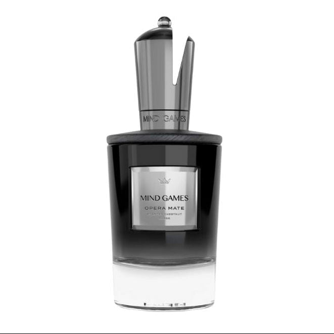Mind Games Opera Mate Extrait de Parfum spray in a 3.4 oz bottle, featuring elegant packaging and branding from Mind Games Fragrance.