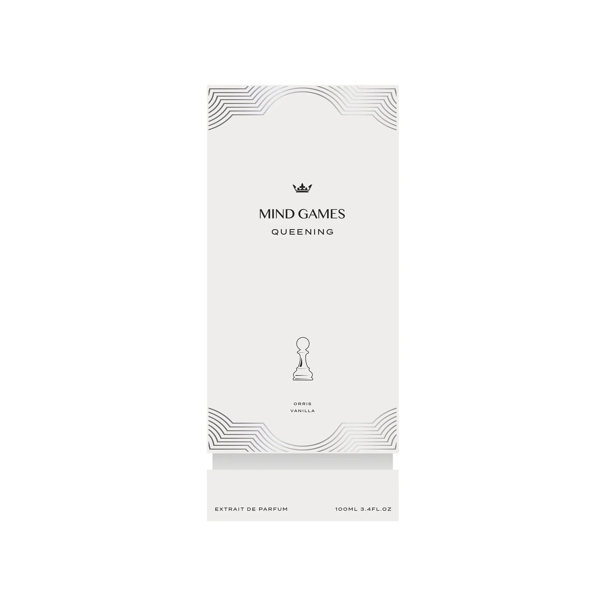 Mind Games Queening Extrait de Parfum spray in 3.4 oz bottle, luxurious fragrance with elegant packaging and branding.